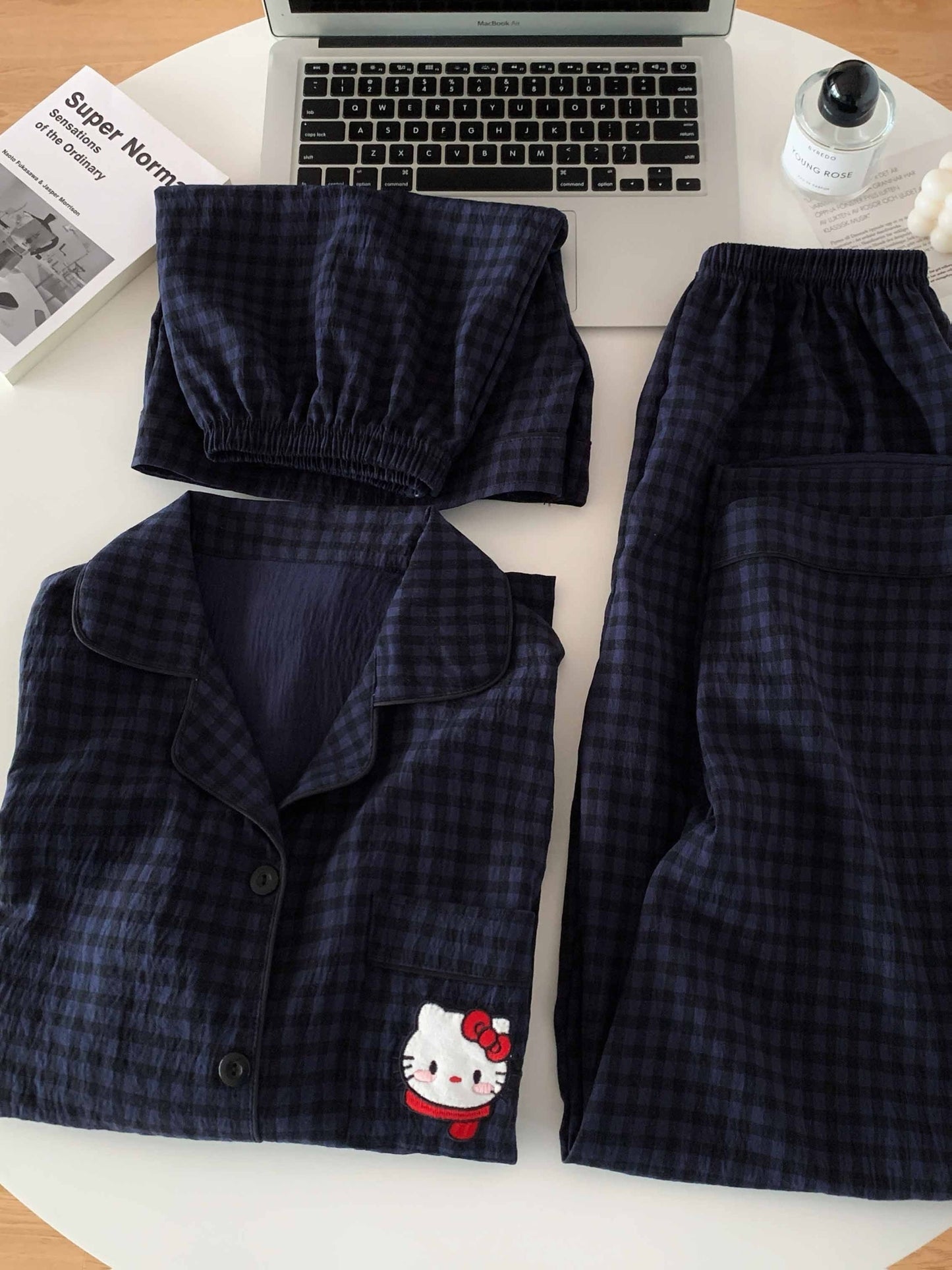 Midnight Kitty Check 3-Piece Pajama Set – Shirt, Shorts & Pants