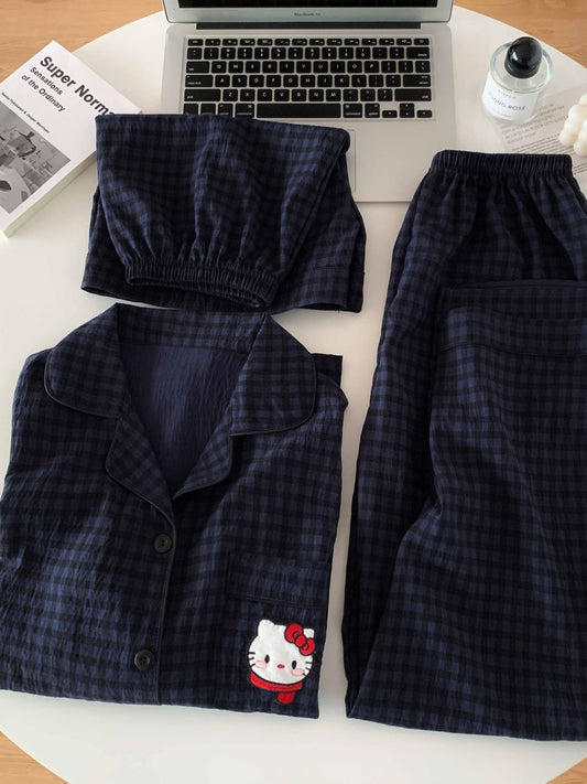 Midnight Kitty Check 3-Piece Pajama Set – Shirt, Shorts & Pants