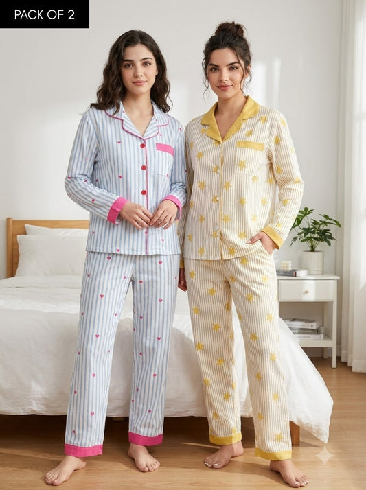 Sweet Stripes Duo – Printed Pajama Set | Pack of 2