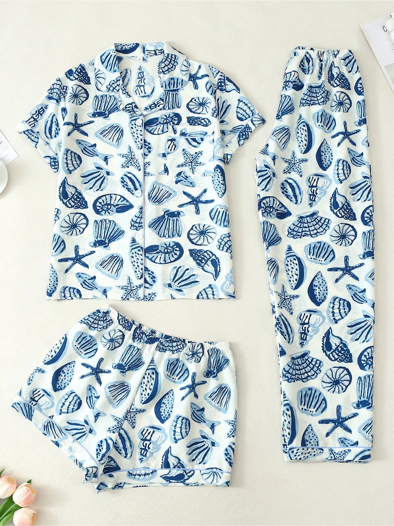 Ocean Shell Bliss 3-Piece Pajama Set – Shirt, Shorts & Pants