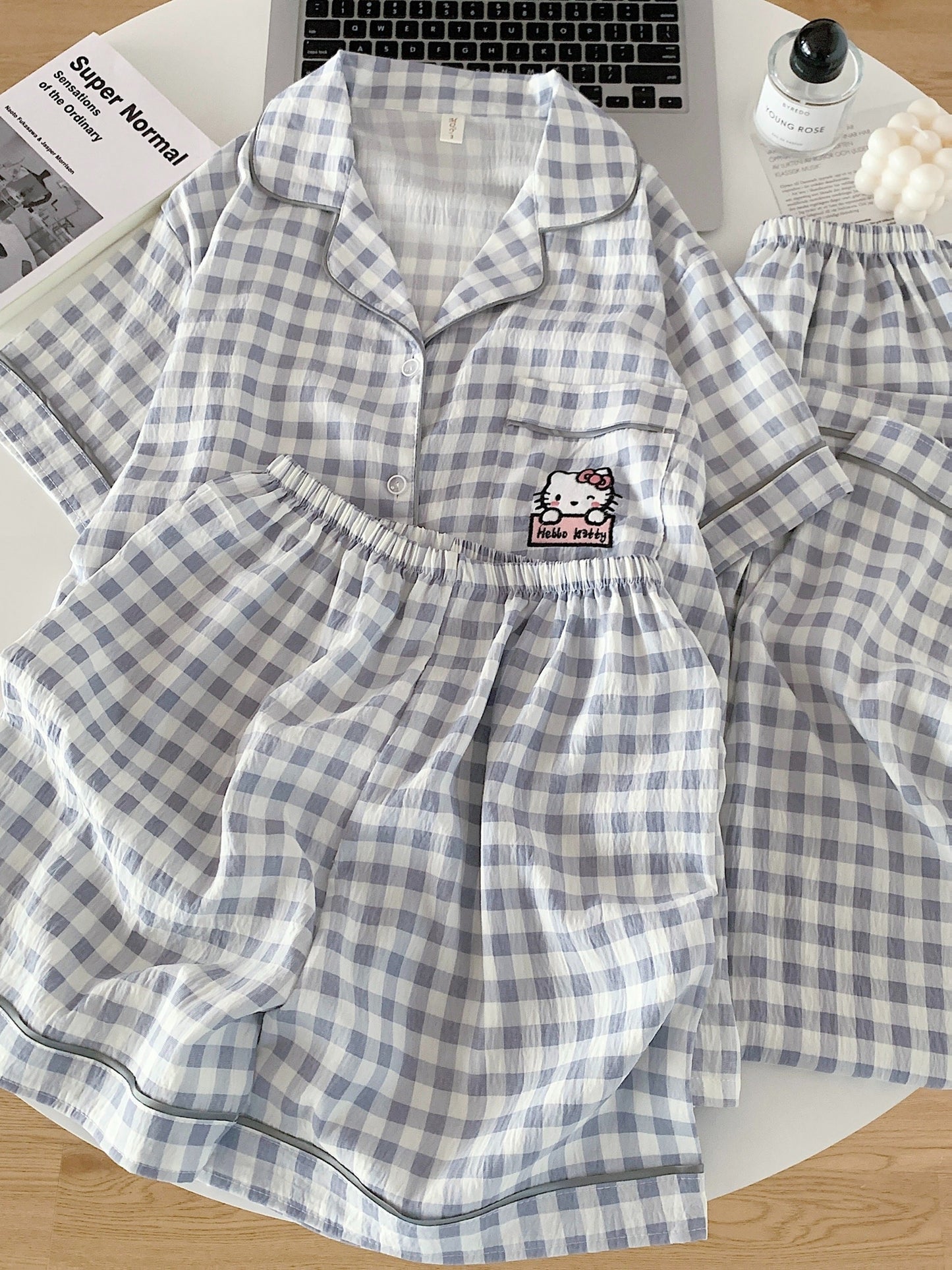 Hello Kitty Cloud Check 3-Piece Pajama Set – Shirt, Shorts & Pants