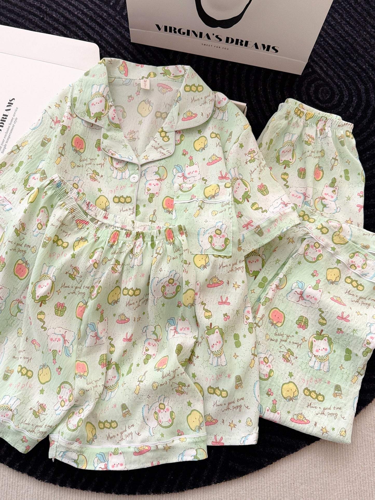 Minty Magic Cartoon 3-Piece Pajama Set – Shirt, Shorts & Pants