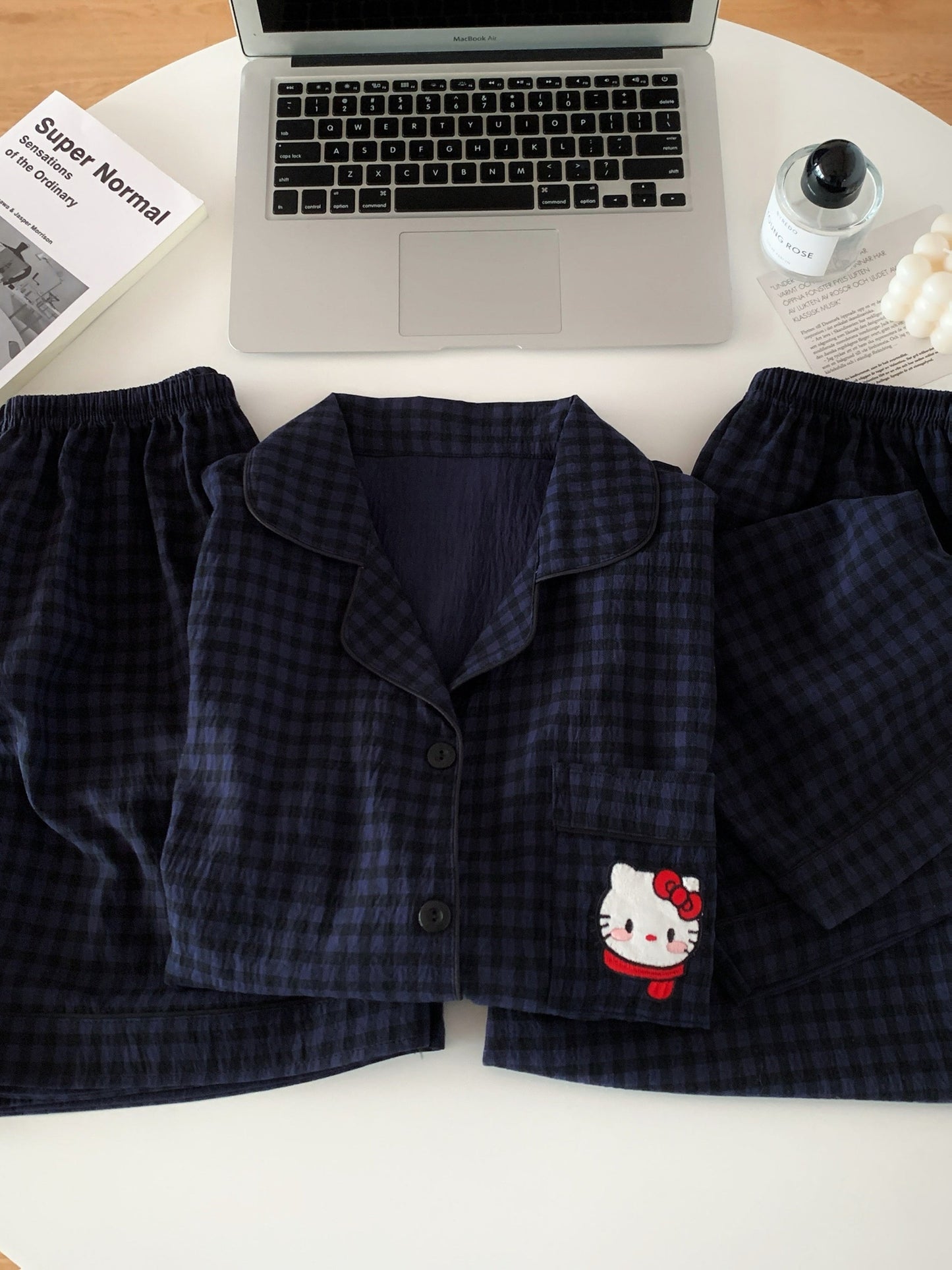 Midnight Kitty Check 3-Piece Pajama Set – Shirt, Shorts & Pants
