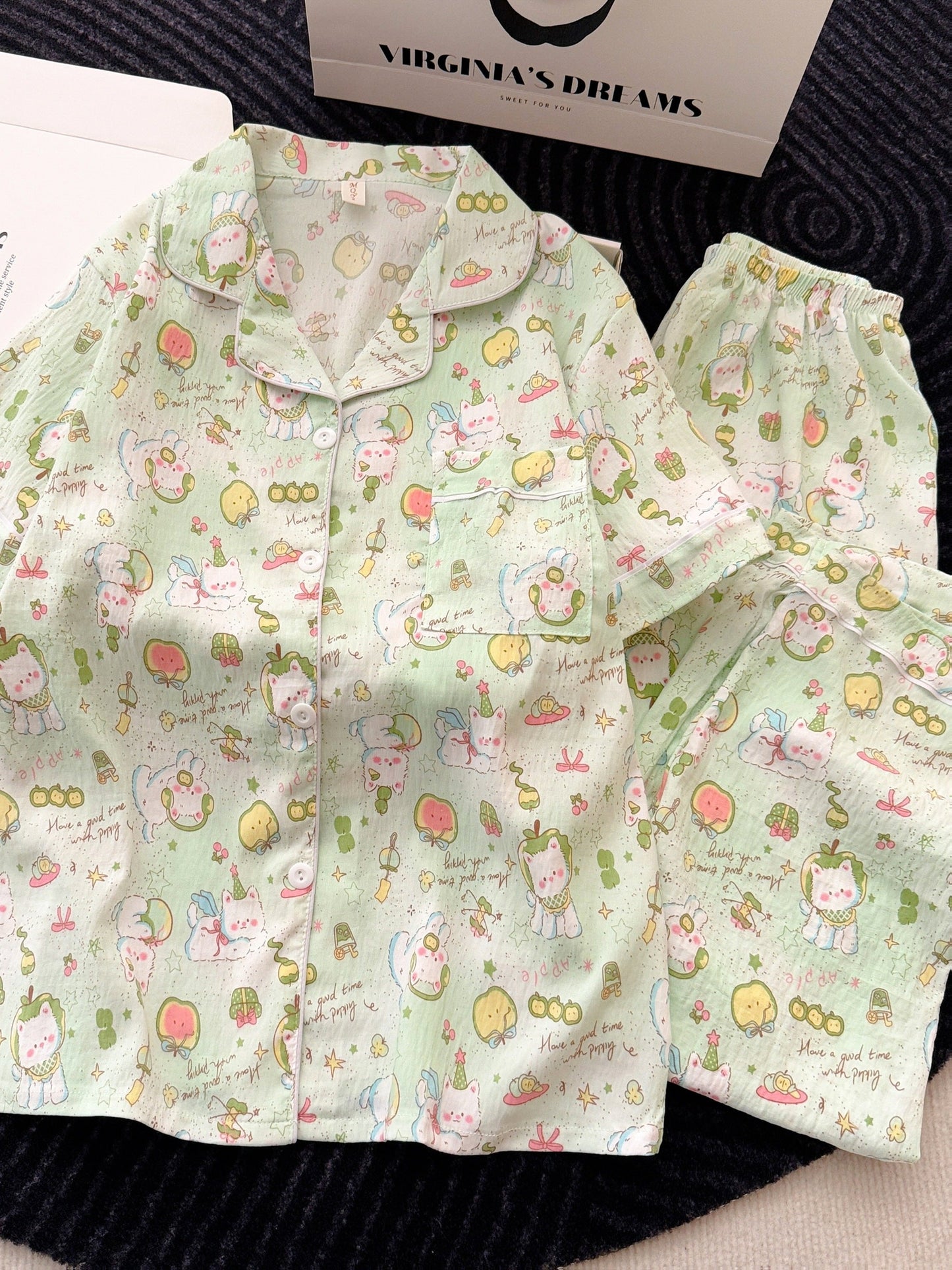 Minty Magic Cartoon 3-Piece Pajama Set – Shirt, Shorts & Pants