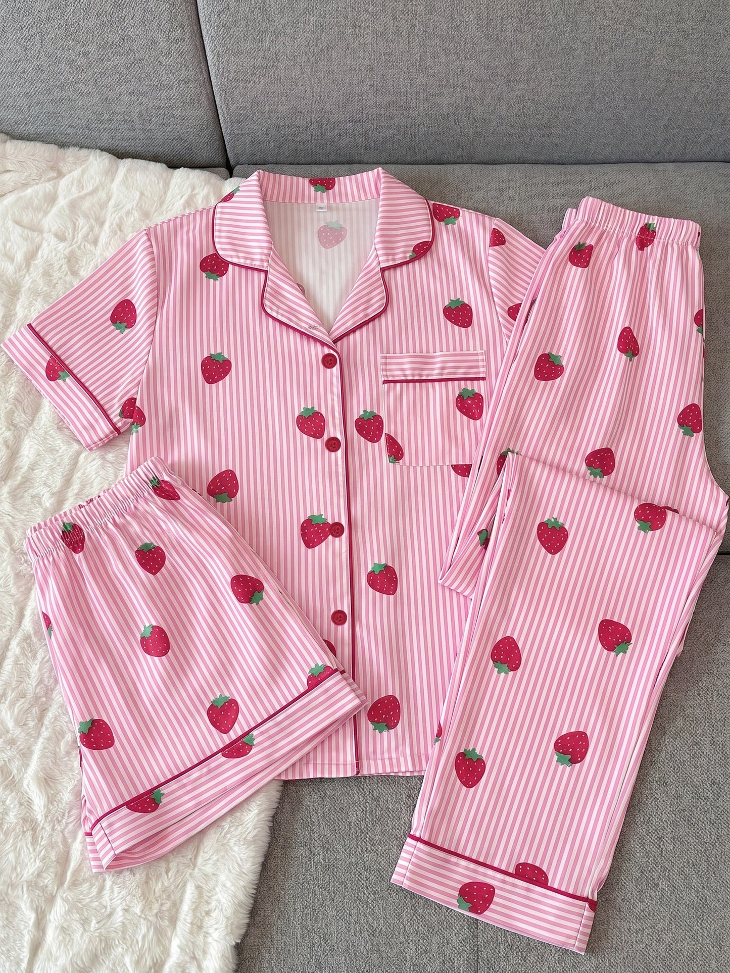 Strawberry Stripe 3-Piece Women’s Pajama Set – Pink
