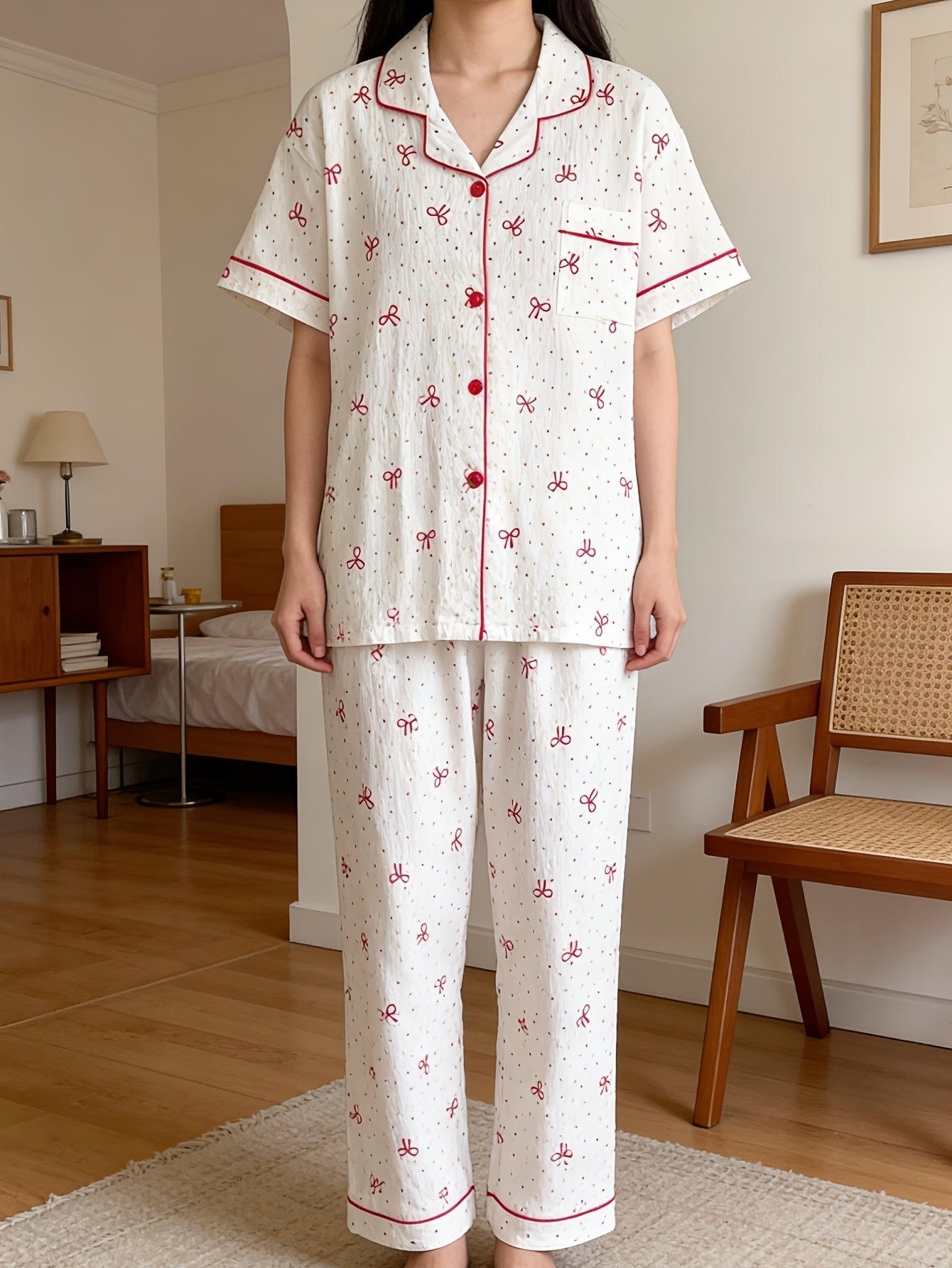 Cherry Bow Dream 3-Piece Pajama Set – Shirt, Shorts & Pants