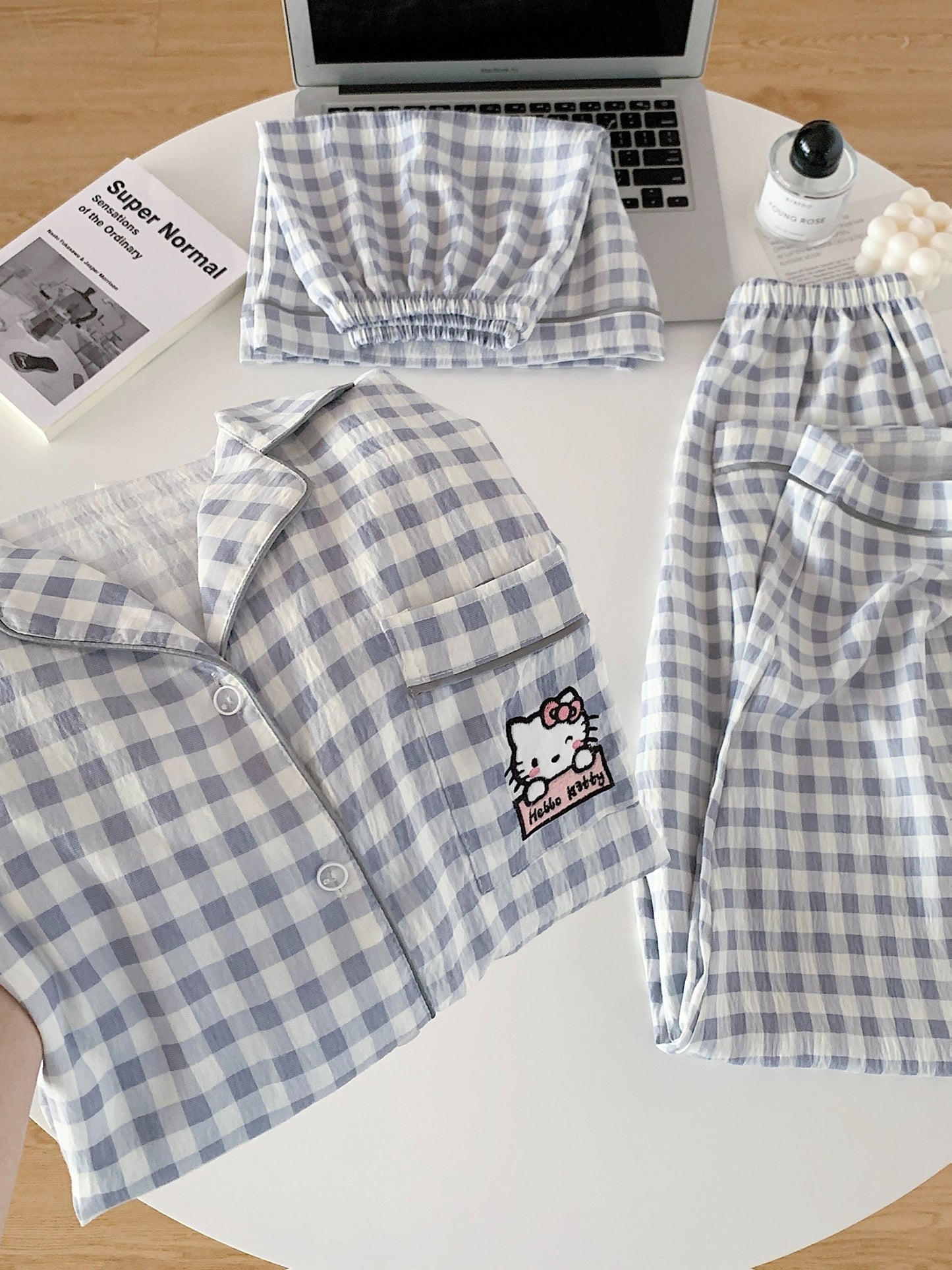 Hello Kitty Cloud Check 3-Piece Pajama Set – Shirt, Shorts & Pants