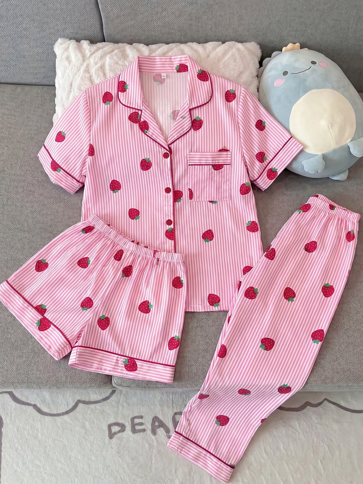 Strawberry Stripe 3-Piece Women’s Pajama Set – Pink