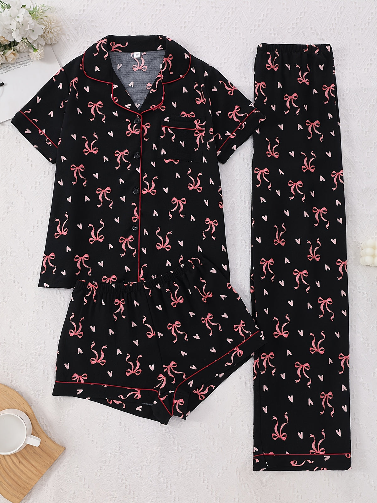 Midnight Bow & Heart Print 3-Piece Women’s Pajama Set