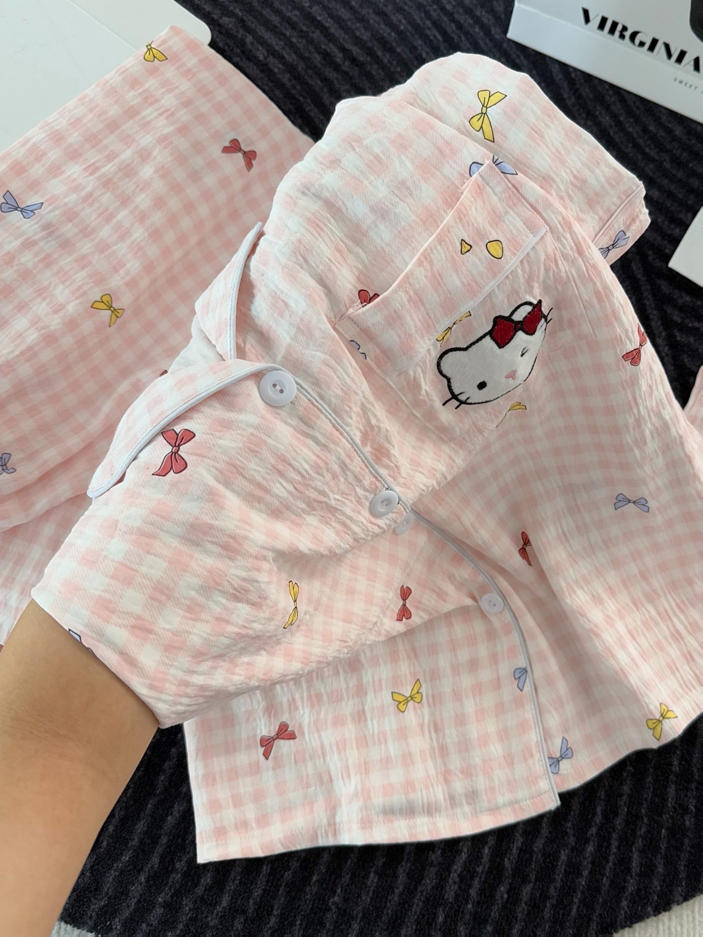 Blush Kitty Bow Check 3-Piece Pajama Set – Shirt, Shorts & Pants