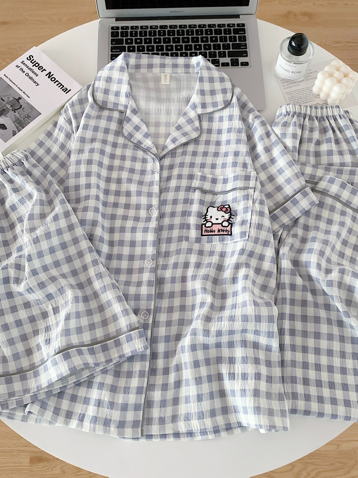 Hello Kitty Cloud Check 3-Piece Pajama Set – Shirt, Shorts & Pants
