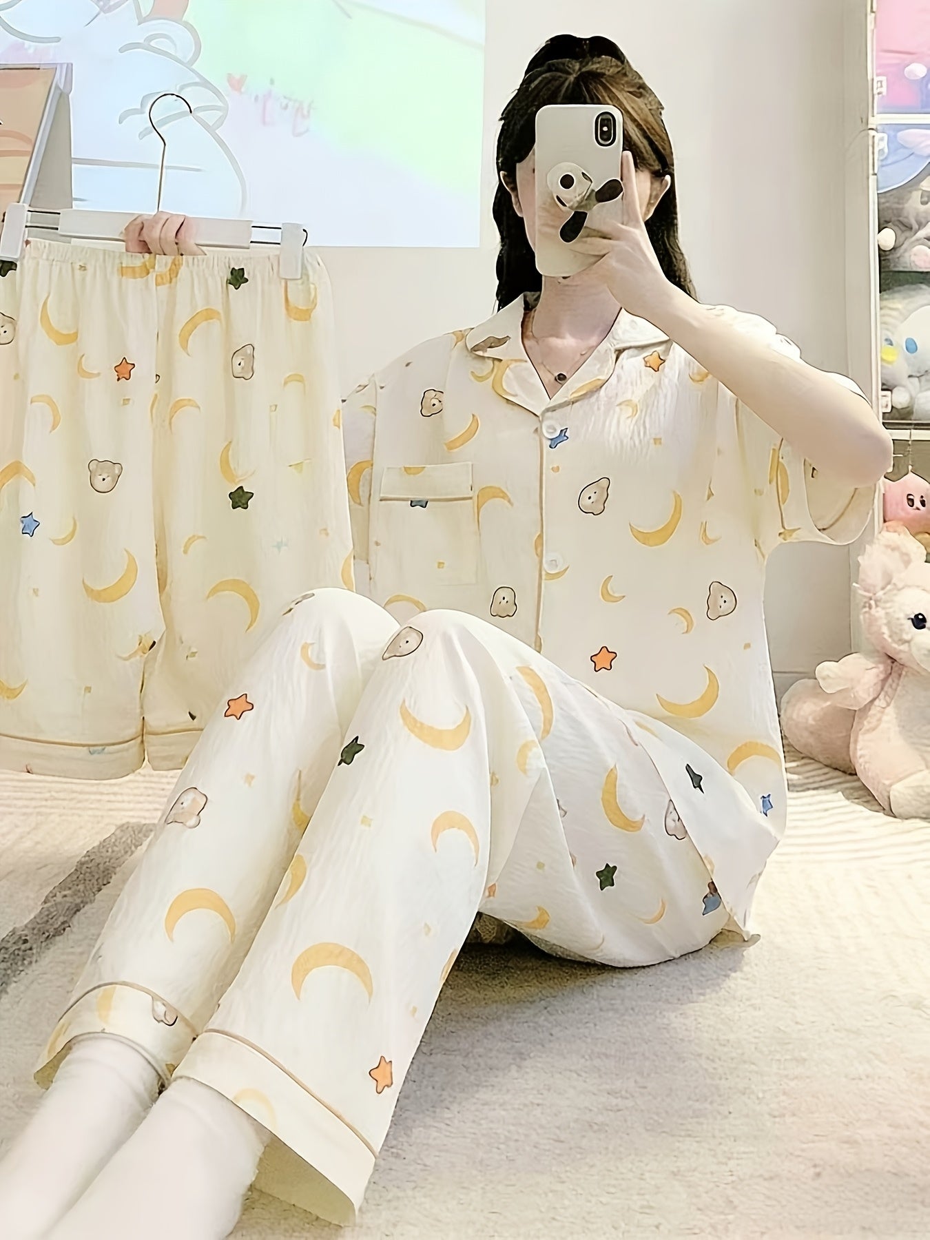 Moonlight Teddy 3-Piece Pajama Set – Shirt, Shorts & Pants