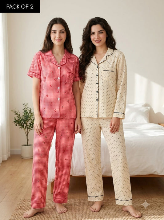 Cherry Dots Duo – Printed Cotton Pajama Set | Pack of 2
