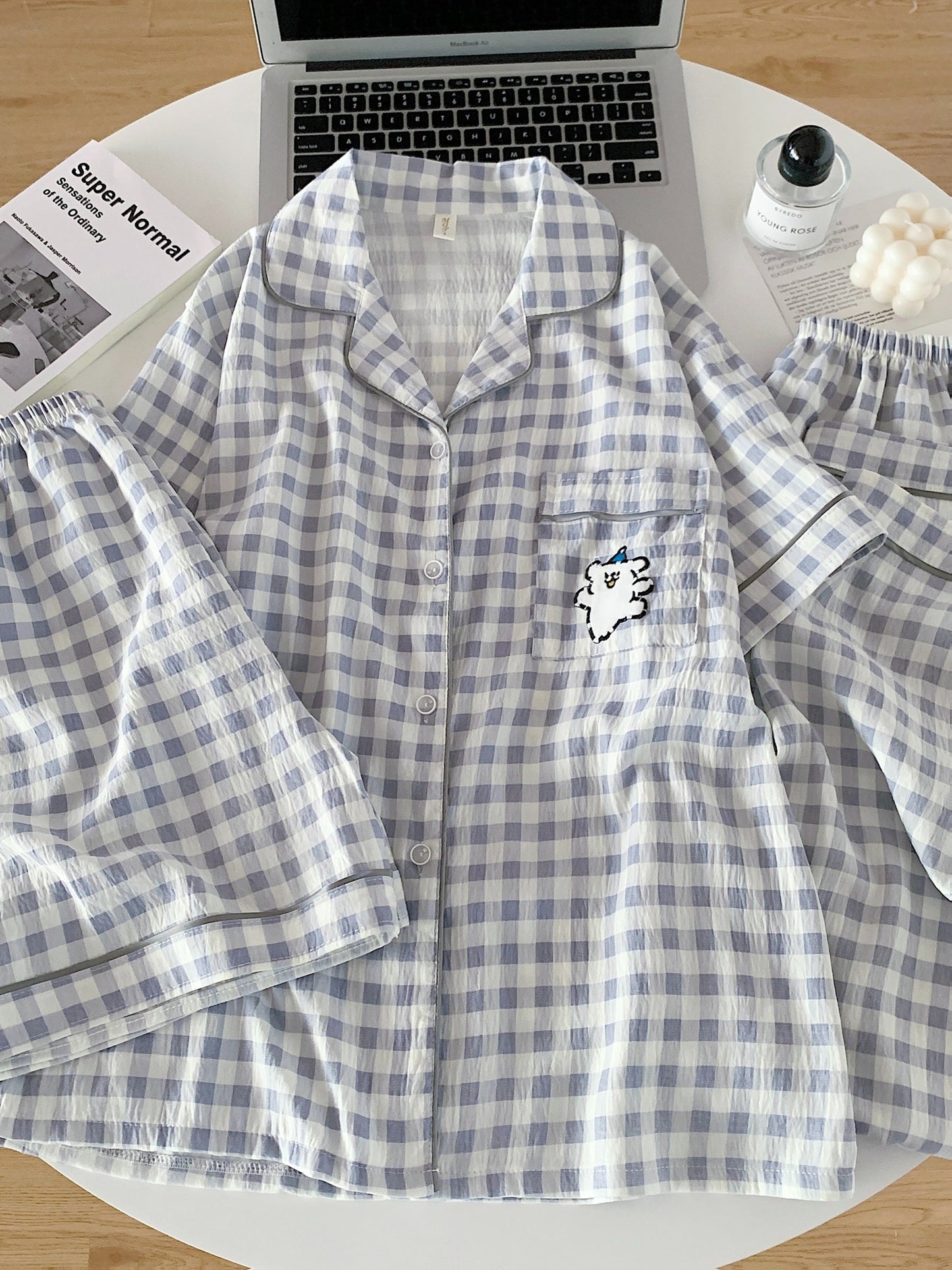 Cloud Check 3-Piece Pajama Set – Shirt, Shorts & Pants