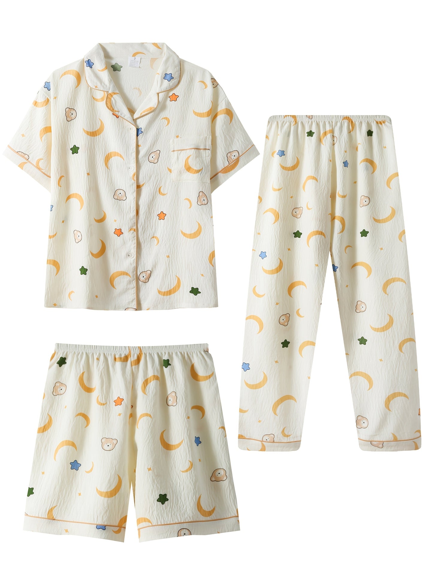 Moonlight Teddy 3-Piece Pajama Set – Shirt, Shorts & Pants