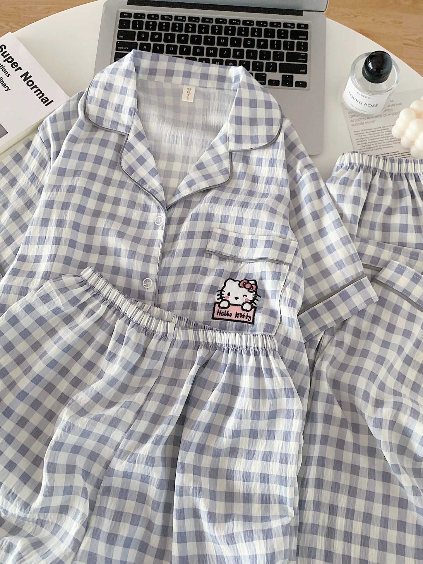 Hello Kitty Cloud Check 3-Piece Pajama Set – Shirt, Shorts & Pants