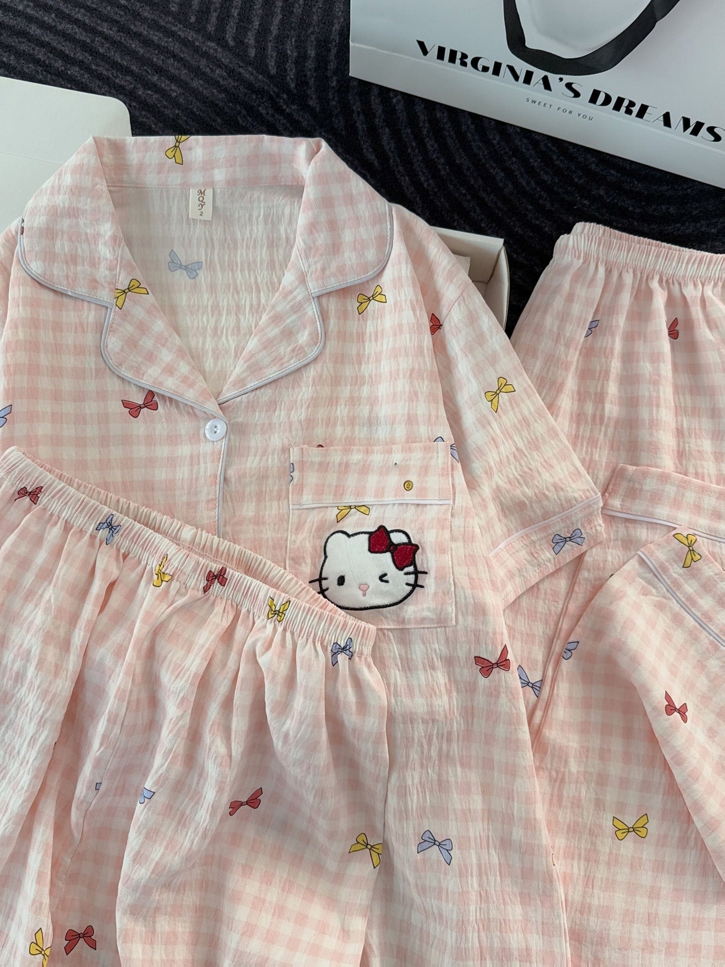 Blush Kitty Bow Check 3-Piece Pajama Set – Shirt, Shorts & Pants