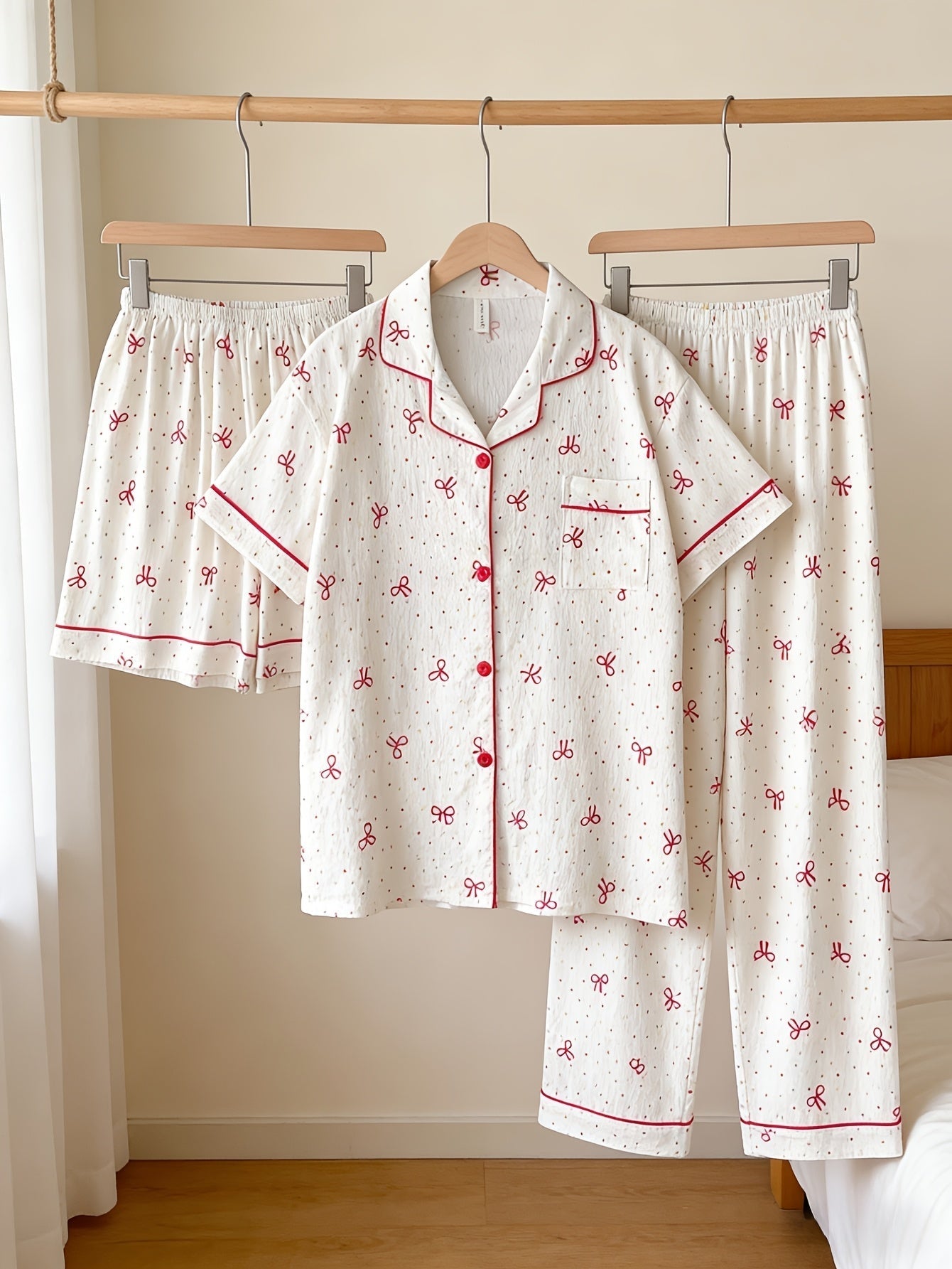 Cherry Bow Dream 3-Piece Pajama Set – Shirt, Shorts & Pants