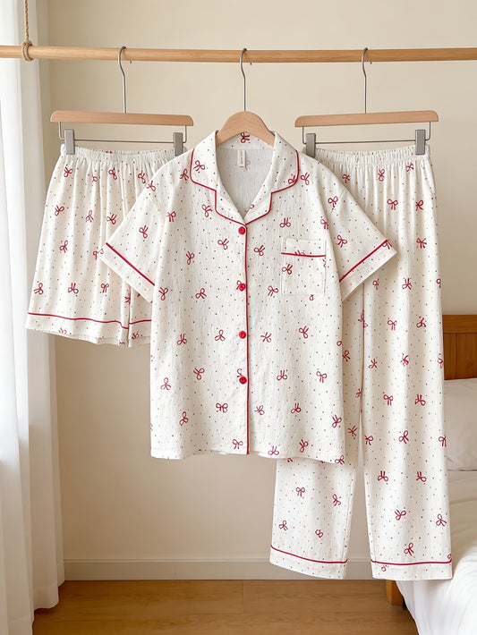 Cherry Bow Dream 3-Piece Pajama Set – Shirt, Shorts & Pants