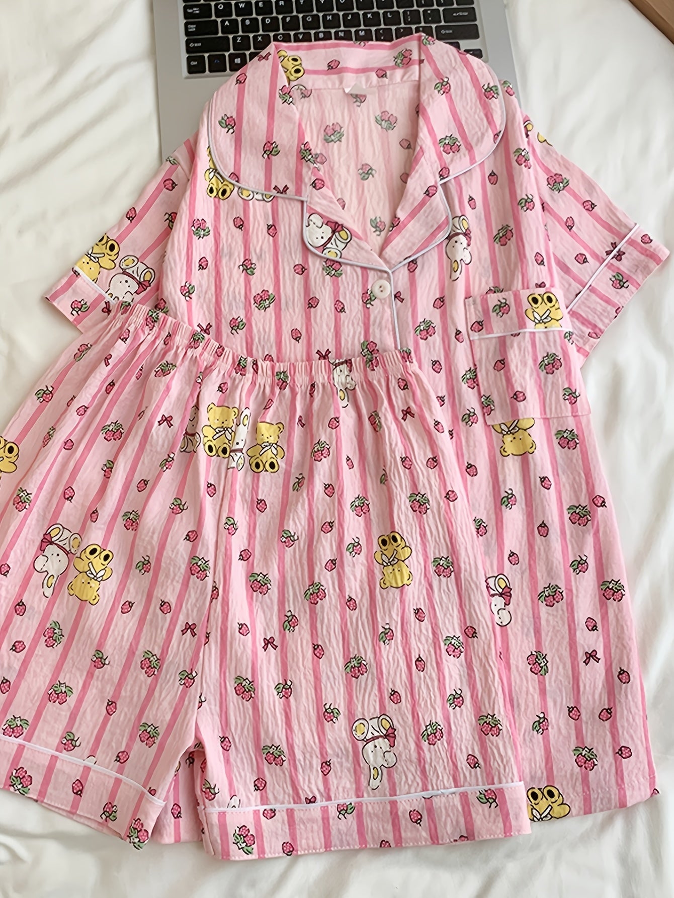 Strawberry Teddy Pink 3-Piece Pajama Set – Shirt, Shorts & Pants