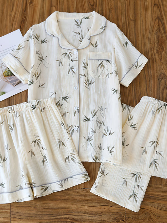Olive Leaf Serenity 3-Piece Pajama Set – Shirt, Shorts & Pants