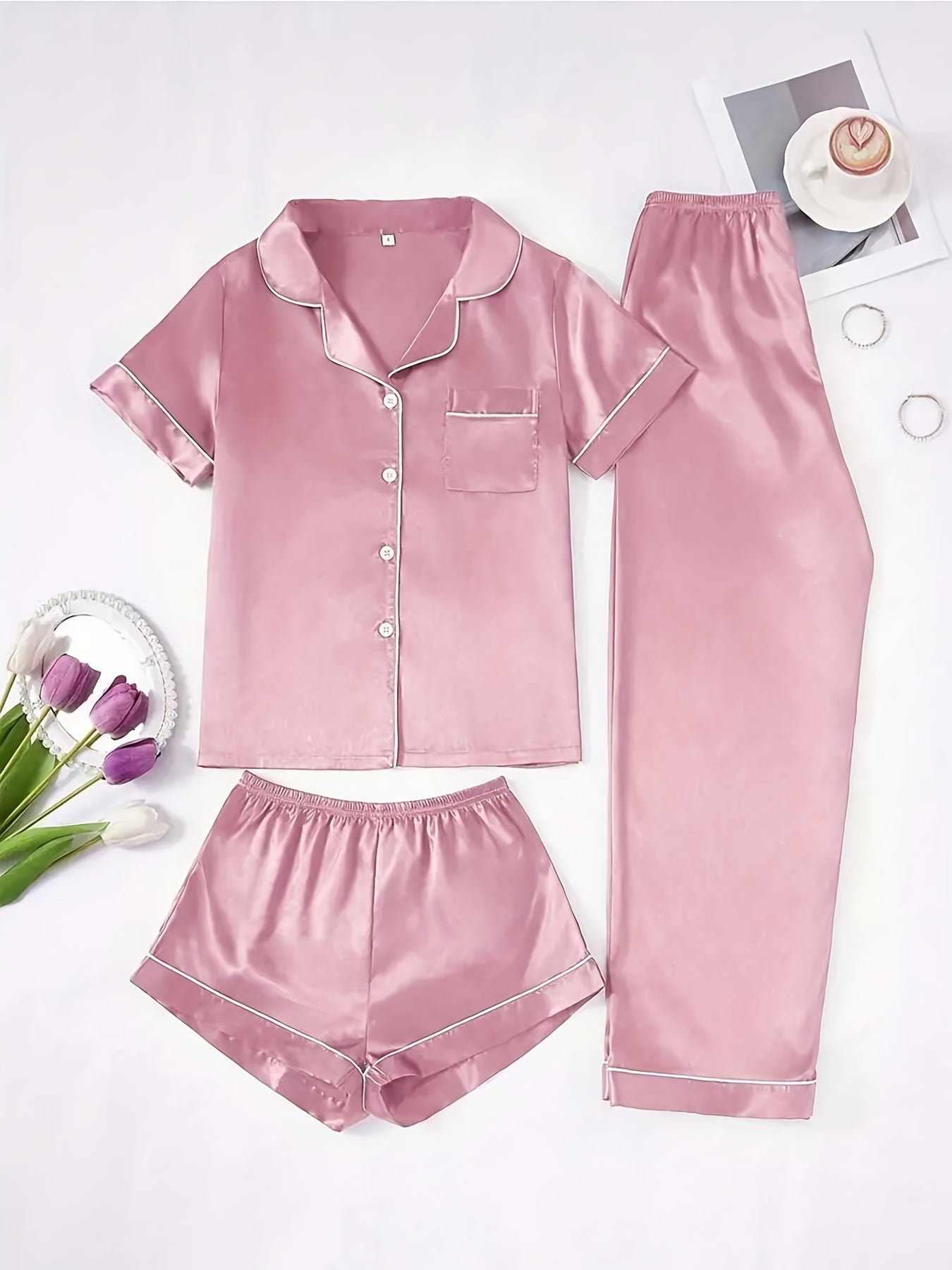 Blush Satin Luxe 3-Piece Pajama Set