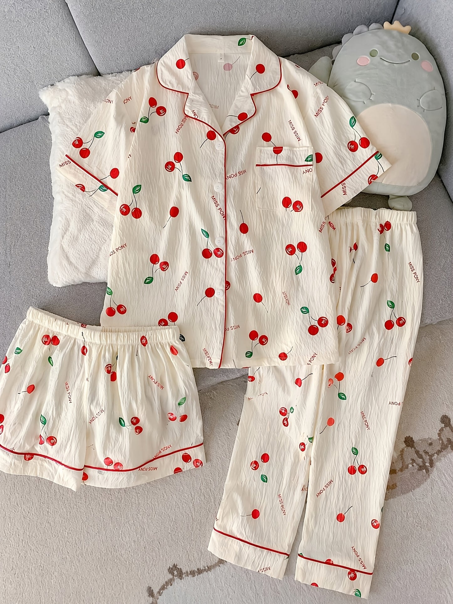 Cherry Print 3-Piece Women’s Pajama Set – Ivory