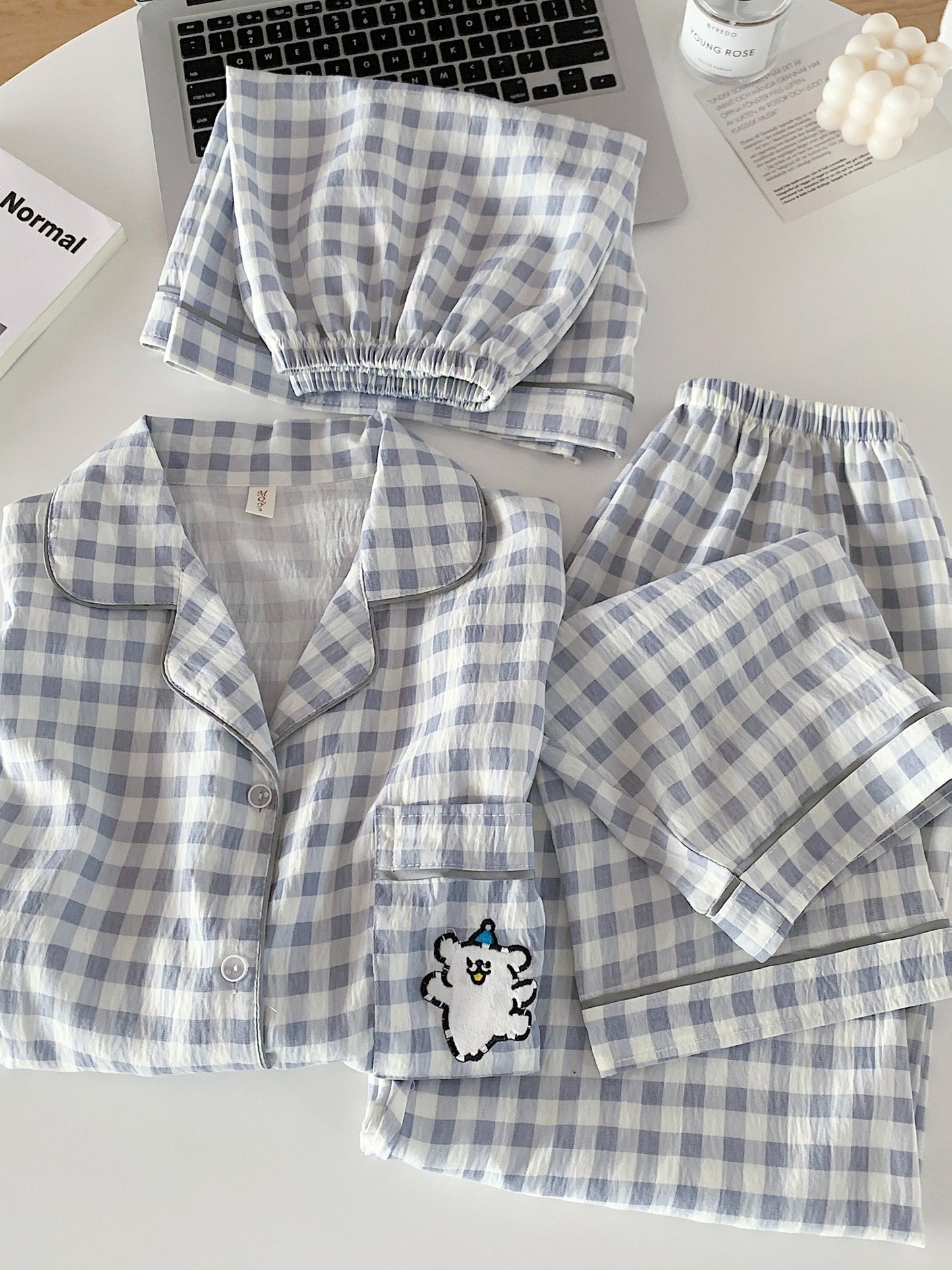 Cloud Check 3-Piece Pajama Set – Shirt, Shorts & Pants