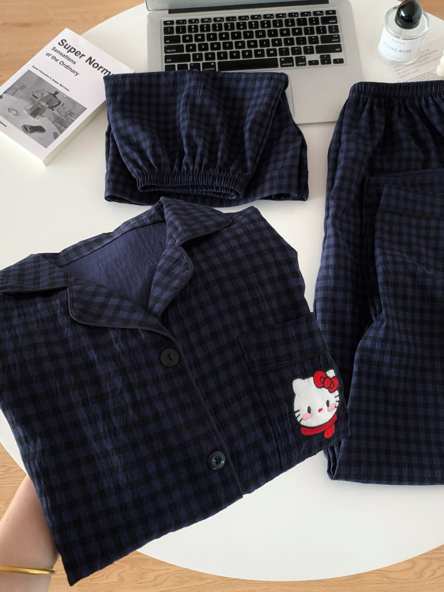 Midnight Kitty Check 3-Piece Pajama Set – Shirt, Shorts & Pants
