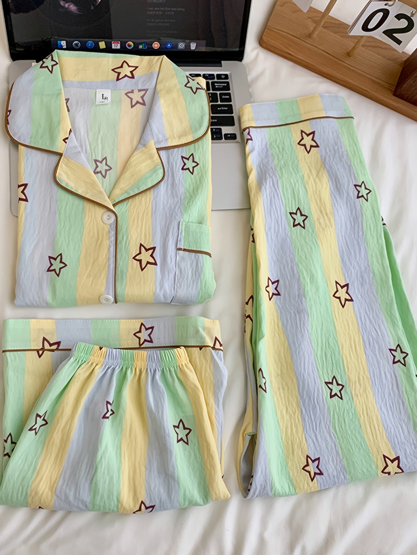 Pastel Star Stripe 3-Piece Pajama Set – Shirt, Shorts & Pants