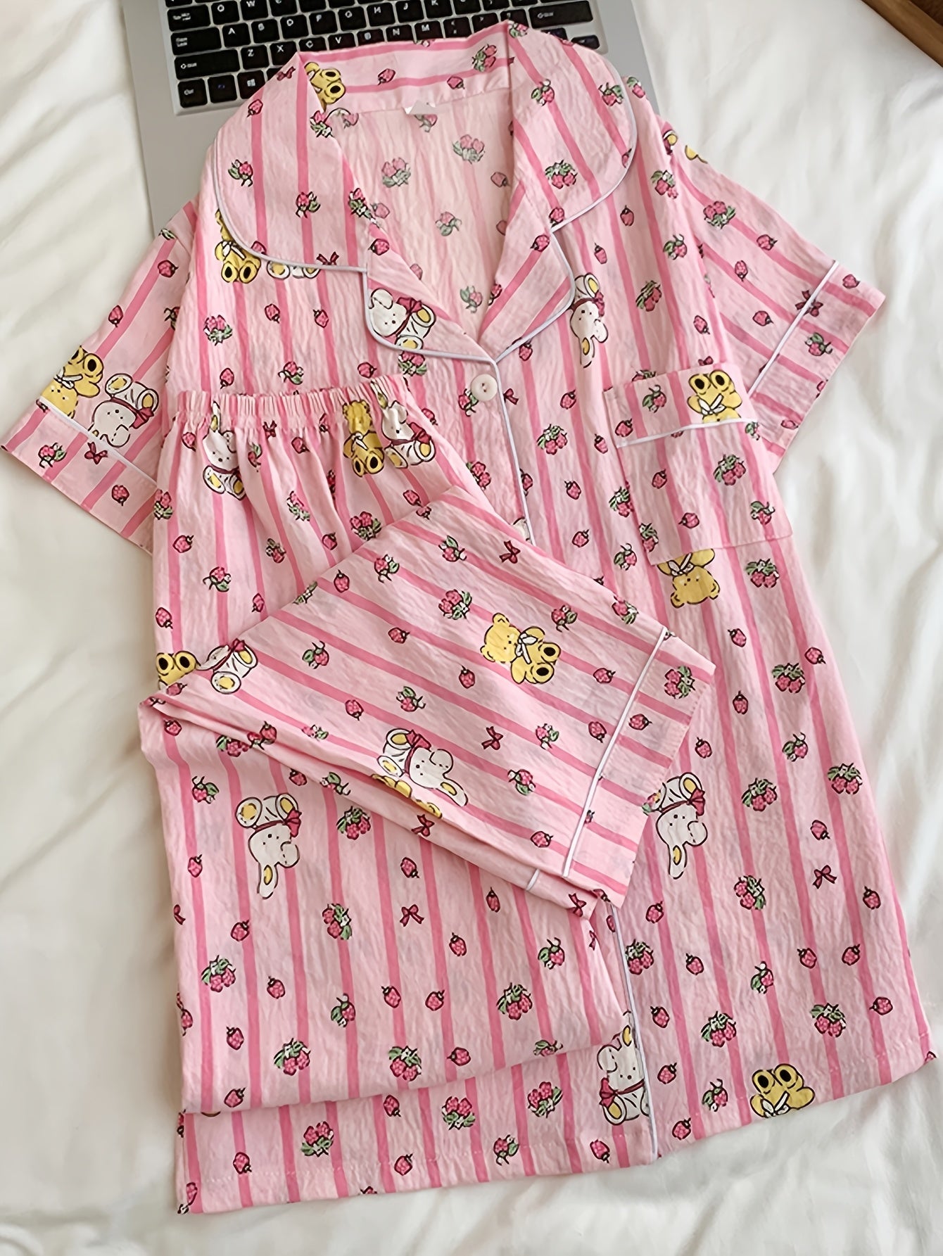 Strawberry Teddy Pink 3-Piece Pajama Set – Shirt, Shorts & Pants