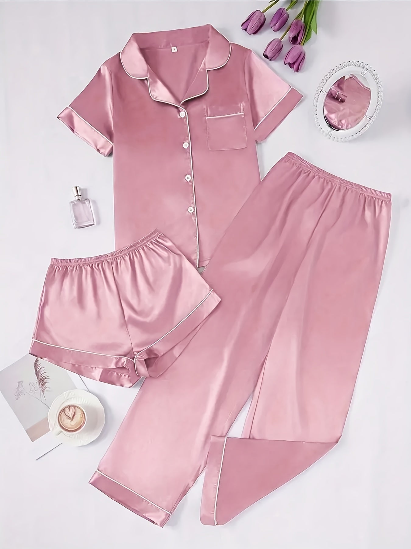 Blush Satin Luxe 3-Piece Pajama Set