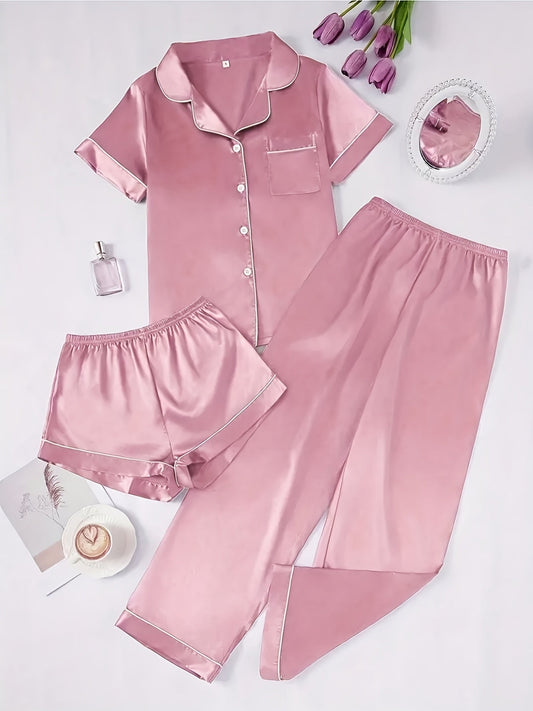 Blush Satin Luxe 3-Piece Pajama Set