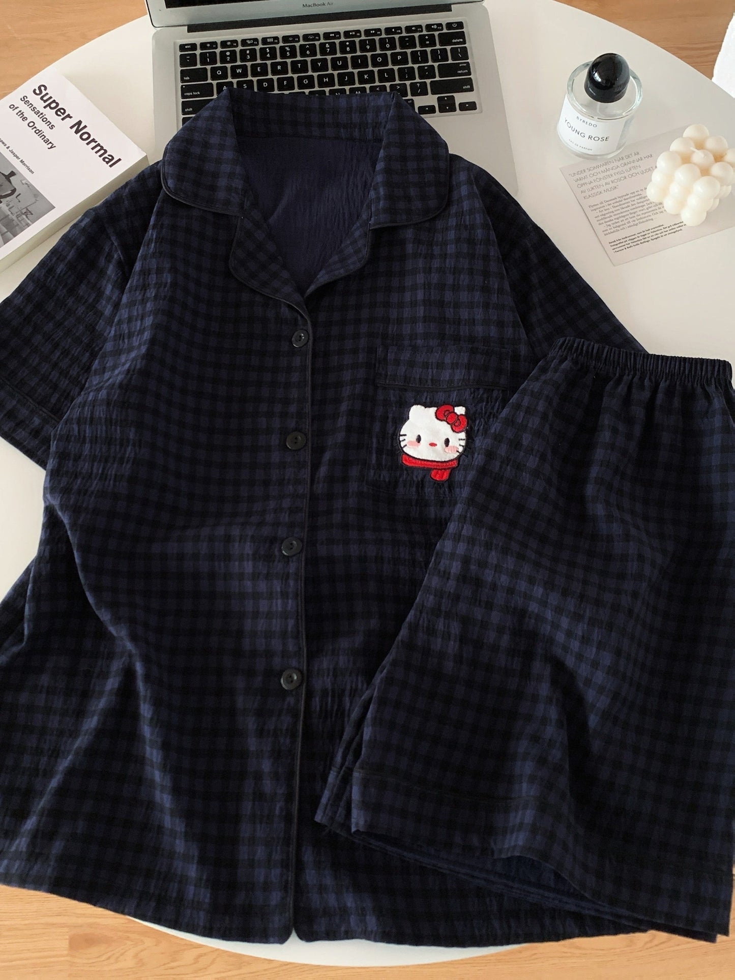 Midnight Kitty Check 3-Piece Pajama Set – Shirt, Shorts & Pants