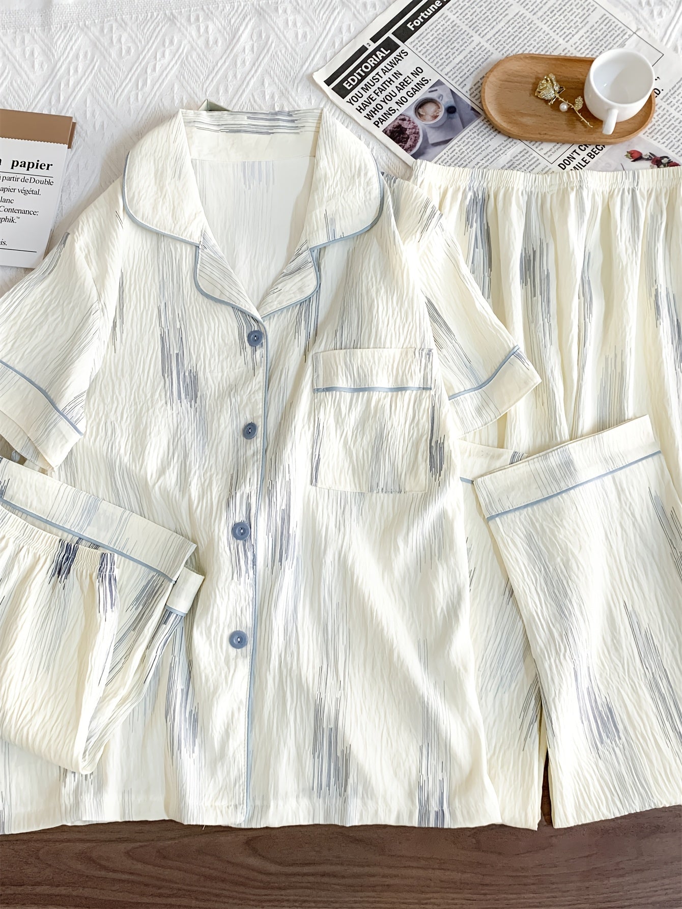 Ivory Stripe Luxe 3-Piece Pajama Set