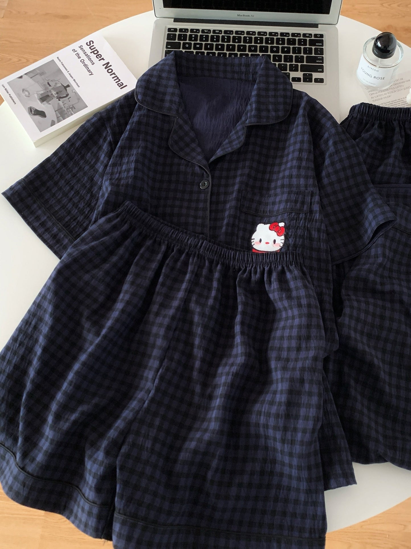 Midnight Kitty Check 3-Piece Pajama Set – Shirt, Shorts & Pants