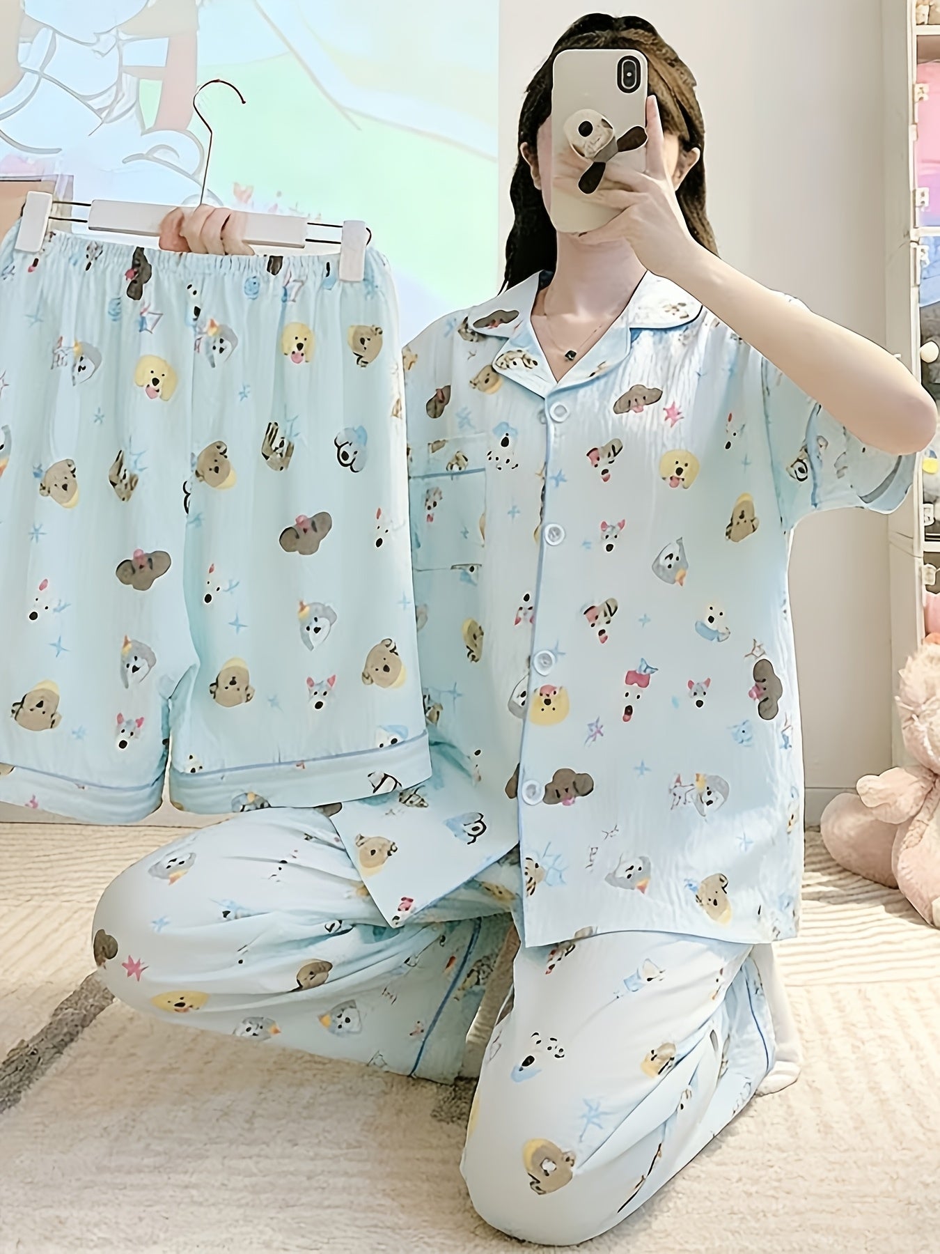 Sky Blue Puppy Charm 3-Piece Pajama Set – Shirt, Shorts & Pants