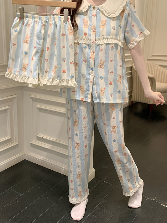 Blue Bunny Stripe 3-Piece Pajama Set