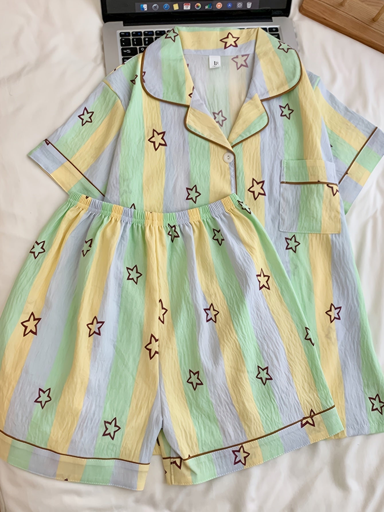 Pastel Star Stripe 3-Piece Pajama Set – Shirt, Shorts & Pants