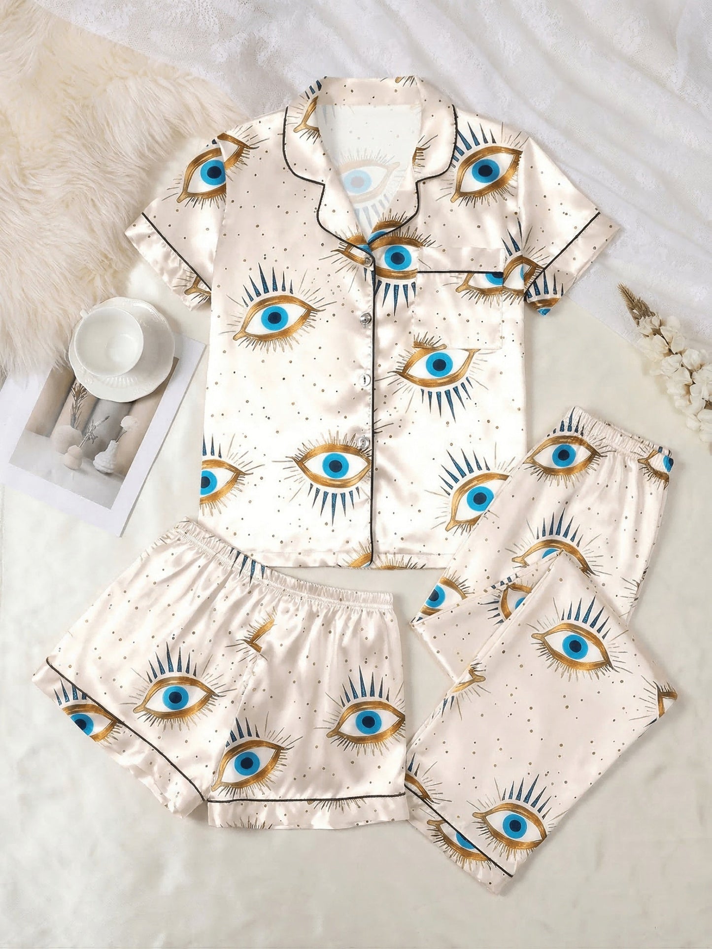 Evil Eye Luxe 3-Piece Satin Pajama Set
