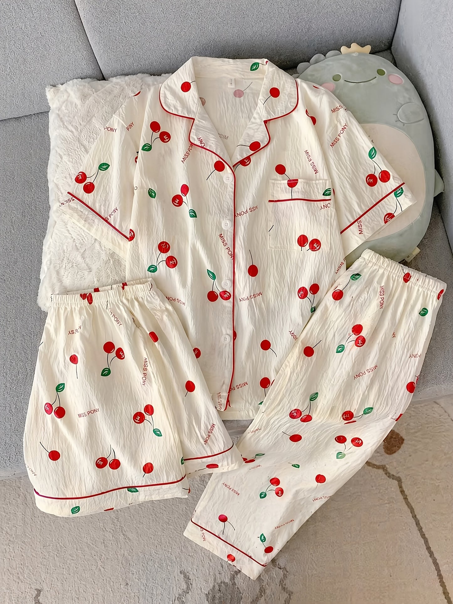 Cherry Print 3-Piece Women’s Pajama Set – Ivory