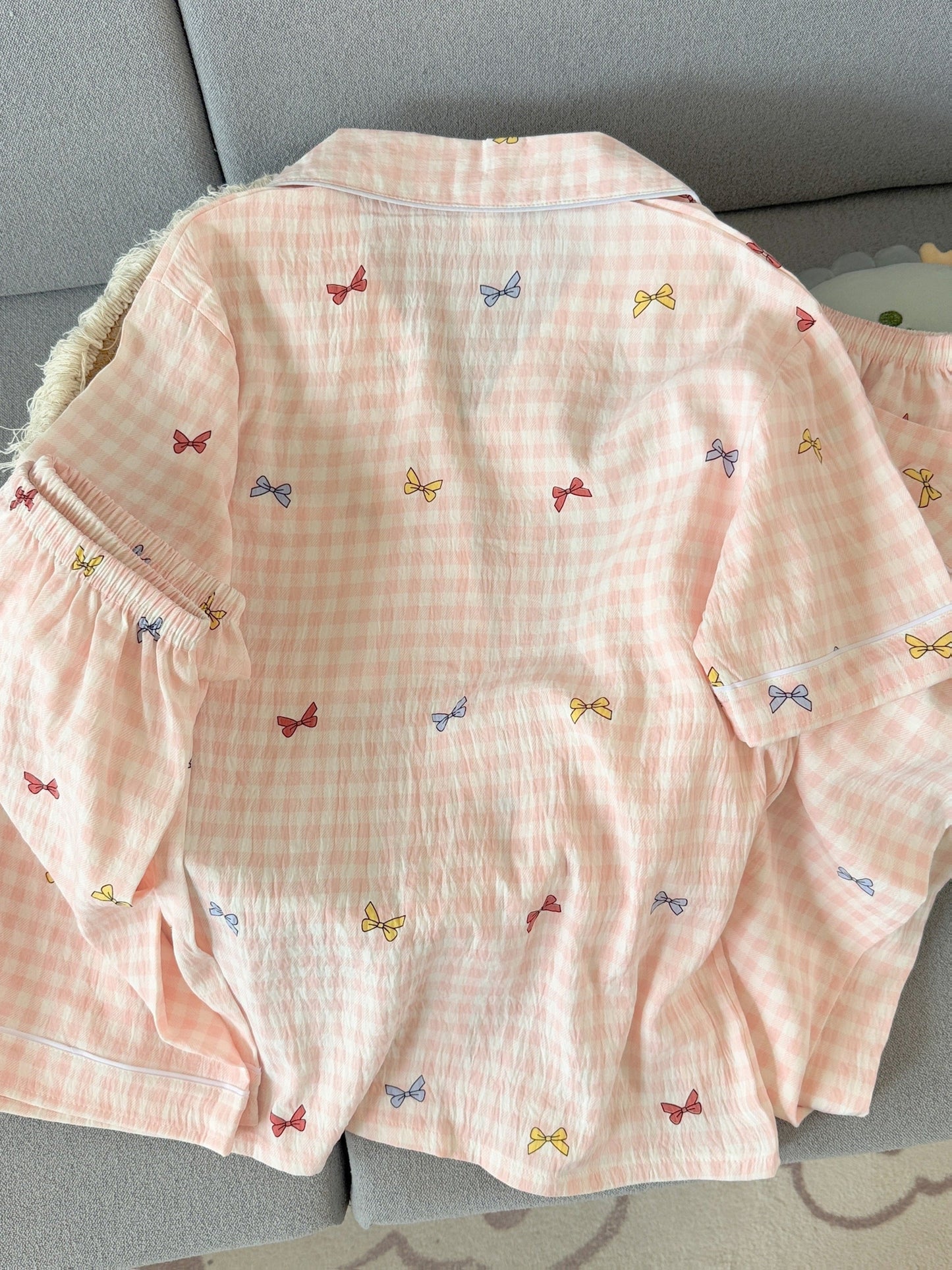 Blush Kitty Bow Check 3-Piece Pajama Set – Shirt, Shorts & Pants