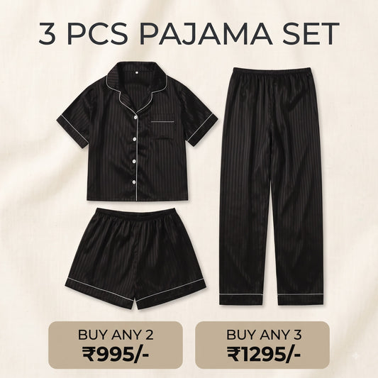 Midnight Black Striped Satin 3-Piece Women’s Pajama Set