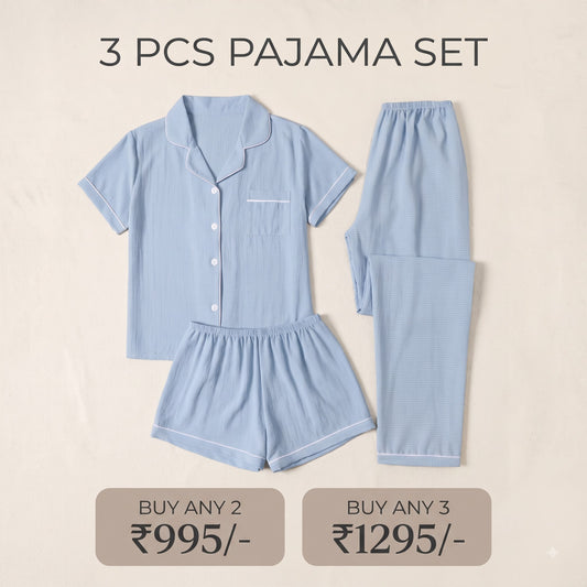 Sky Blue Solid 3-Piece Women’s Pajama Set