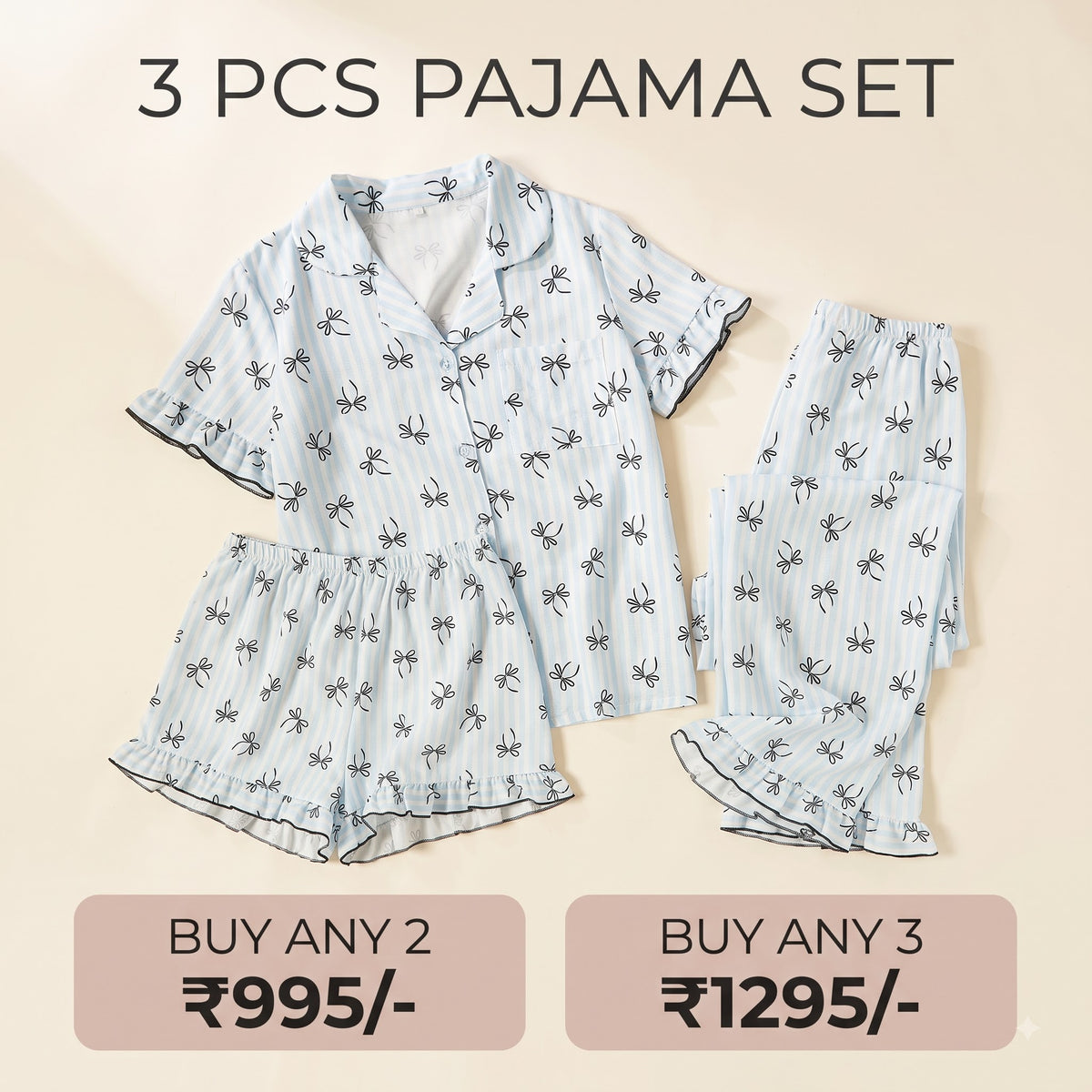 Blue Bow Print 3-Piece Women’s Pajama Set