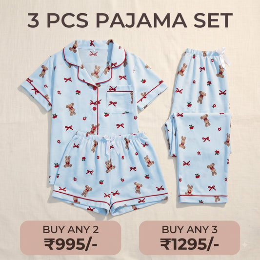 Teddy & Bow Print 3-Piece Nightwear Set