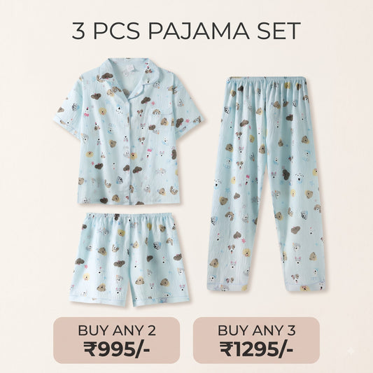 Sky Blue Puppy Charm 3-Piece Pajama Set – Shirt, Shorts & Pants