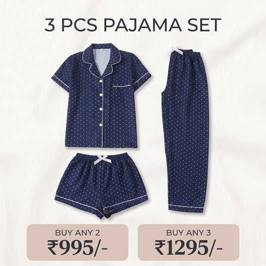 Navy Blue Polka Dot 3-Piece Women’s Pajama Set