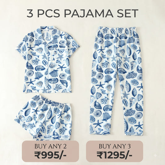 Ocean Shell Bliss 3-Piece Pajama Set – Shirt, Shorts & Pants