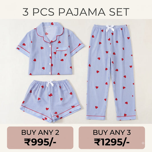 Blue Stripe Heart Print 3-Piece Women’s Pajama Set